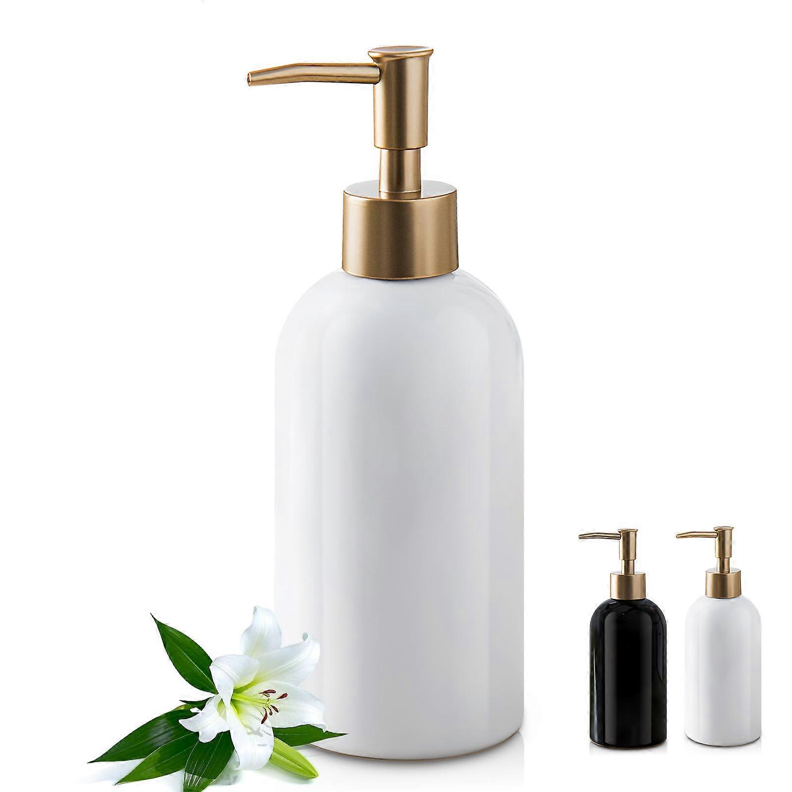 Ceramic Soap Dispenser with LeakProof Gold Pump, 420ml Refillable Bottle for Kitchen or Bathroom