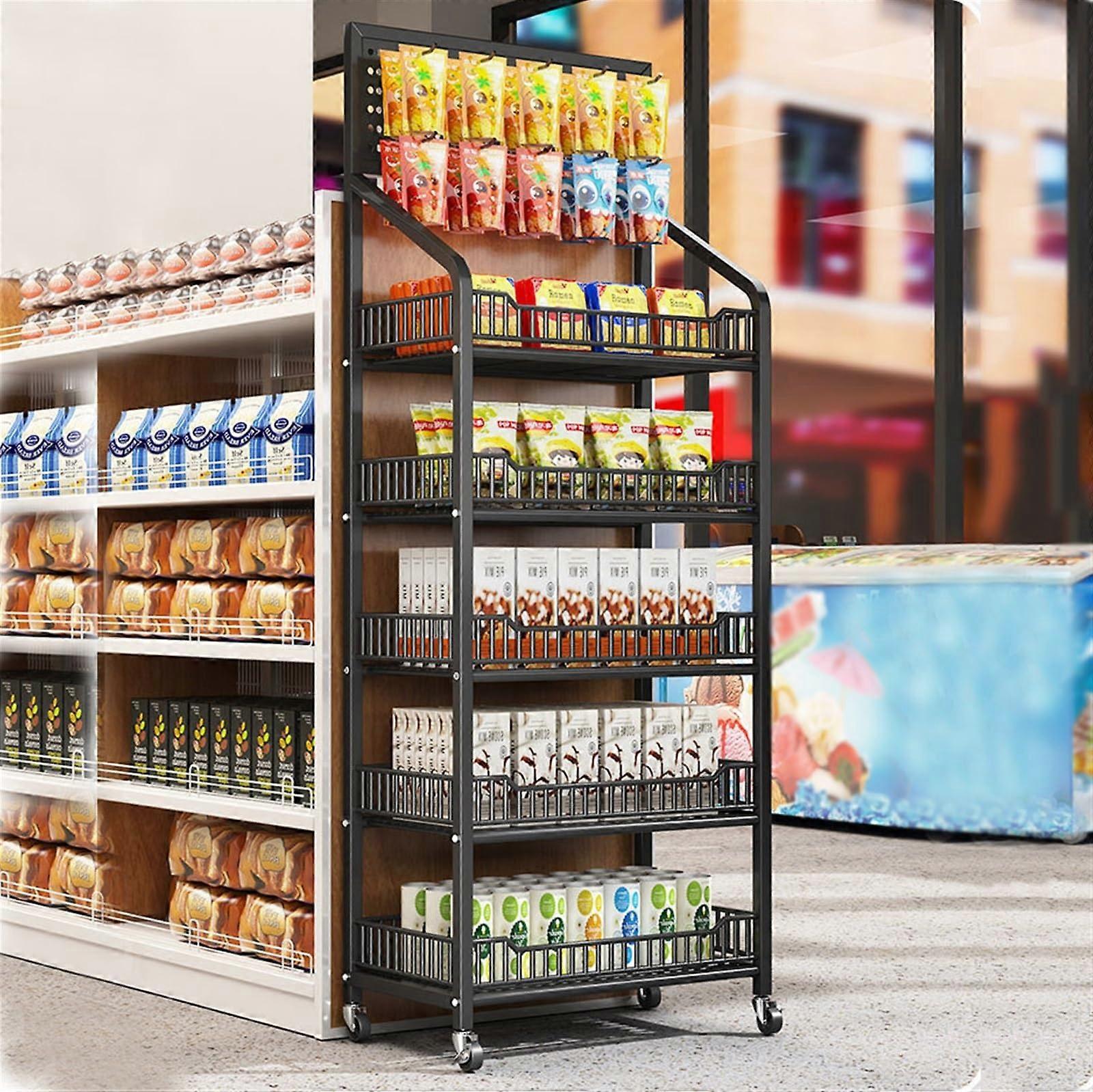 5Tier Metal Snack Display Rack with Large Storage, SmoothRolling Wheels, Lockable Stable Shelf