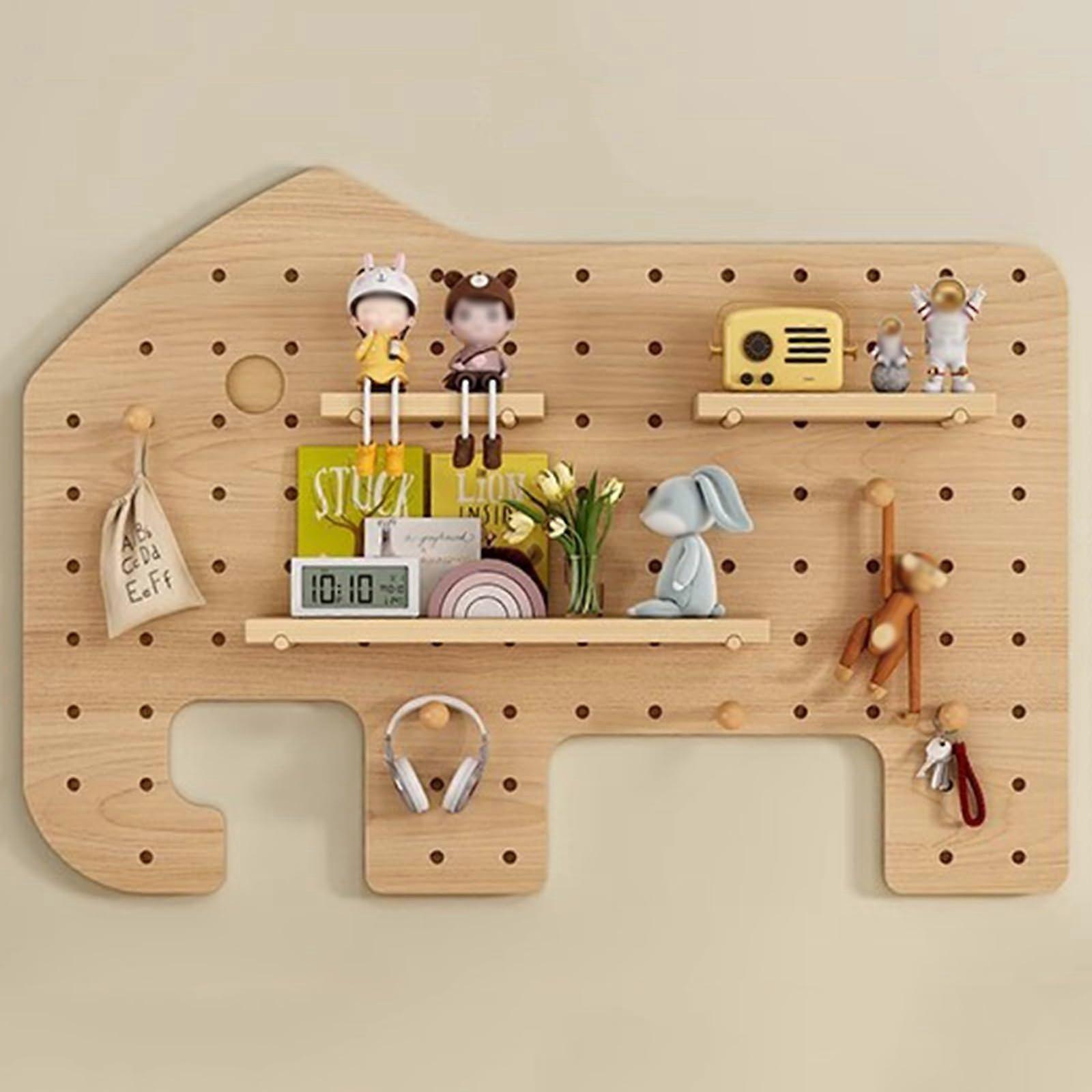 Wooden Pegboard Wall Organizer with Shelf, Elephant Design Solid Wood SpaceSaving Storage