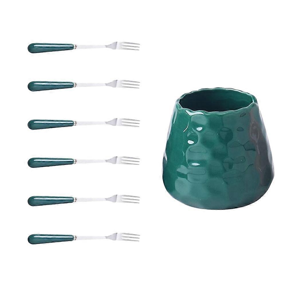 Ceramic Fruit Forks Set for 1Set with Dark Green Storage Can