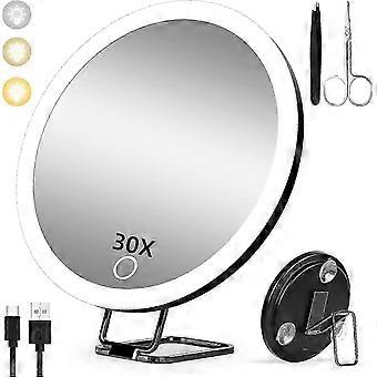 XYYC-30X Magnifying Mirror with Light, 15cm 3 Color Modes Dimming, with 3 Suction Cups and 360 Table Stand