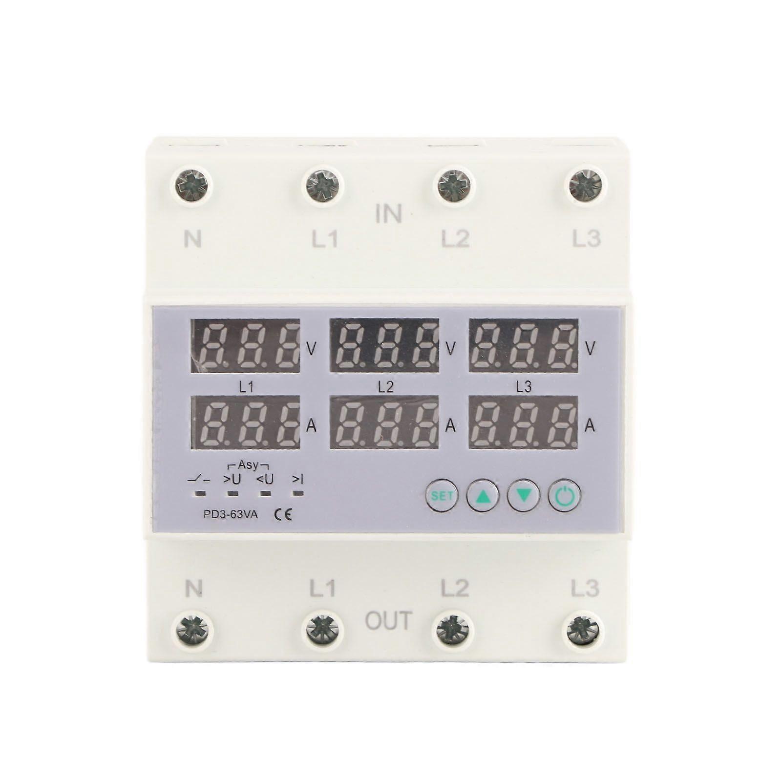 3 Phase DIN Rail Voltmeter Ammeter Automatic Overvoltage Overcurrent Protector AC 390?500V 63A