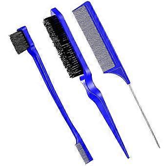 3 Pcs Slick Brush Set Bristle Hair Brush Teasing Comb Edge Hair Brush Grooming Combs Sturdy Rat Tail Comb (blue)