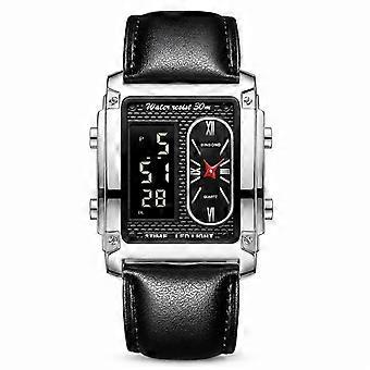 BINBOND Men's Dual Movement Digital Watch Black Leather Strap White Steel Black Dial Waterproof Multifunction Student Fashion JY