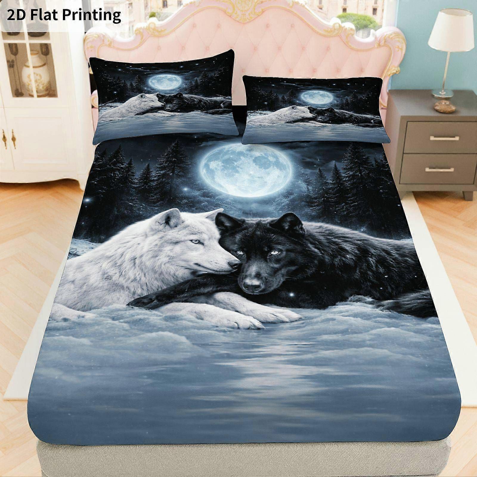Moon Forest Wolf Fitted Sheet Set , Winter Theme, Elegant Bedding, Mattress Protector Soft, Breathable