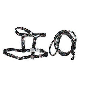 JapaneseStyle Cat Adjustable Harness Leash Set Chest Back Traction Cat Walking Rope(Black Flower S)