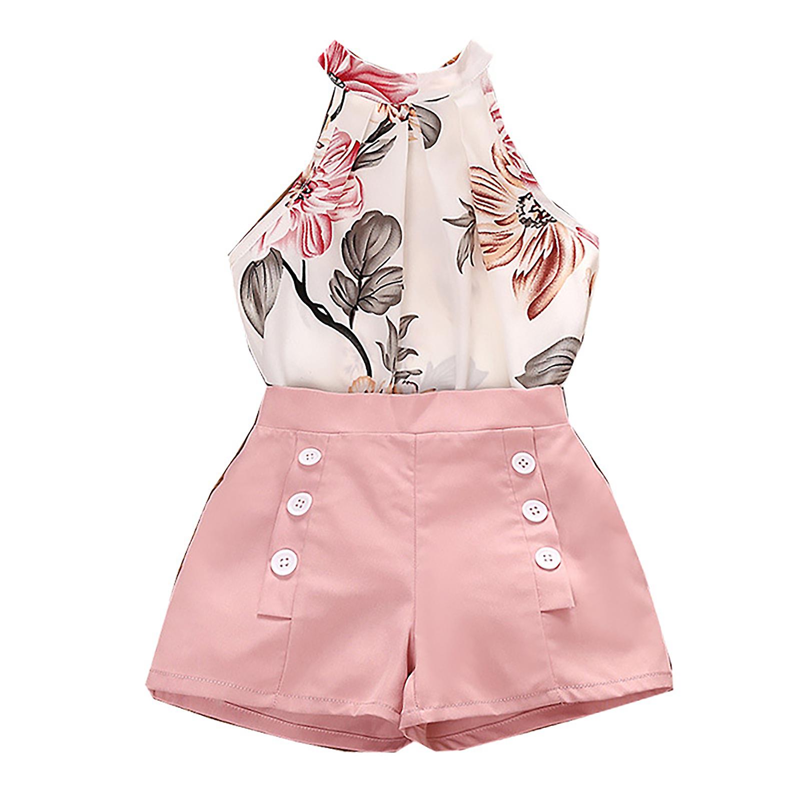 Children's Casual Two-Piece Set with Button Design Solid Color Shorts and Tops for Friend Family Neighbors Gift