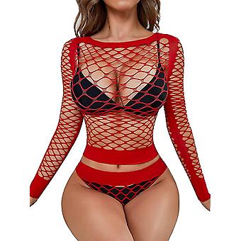 Frauen Sexy Mesh Dessous Netz Babydoll Freie Größe Bodysuit Durchsichtige Hemden Lang S-3xl - J