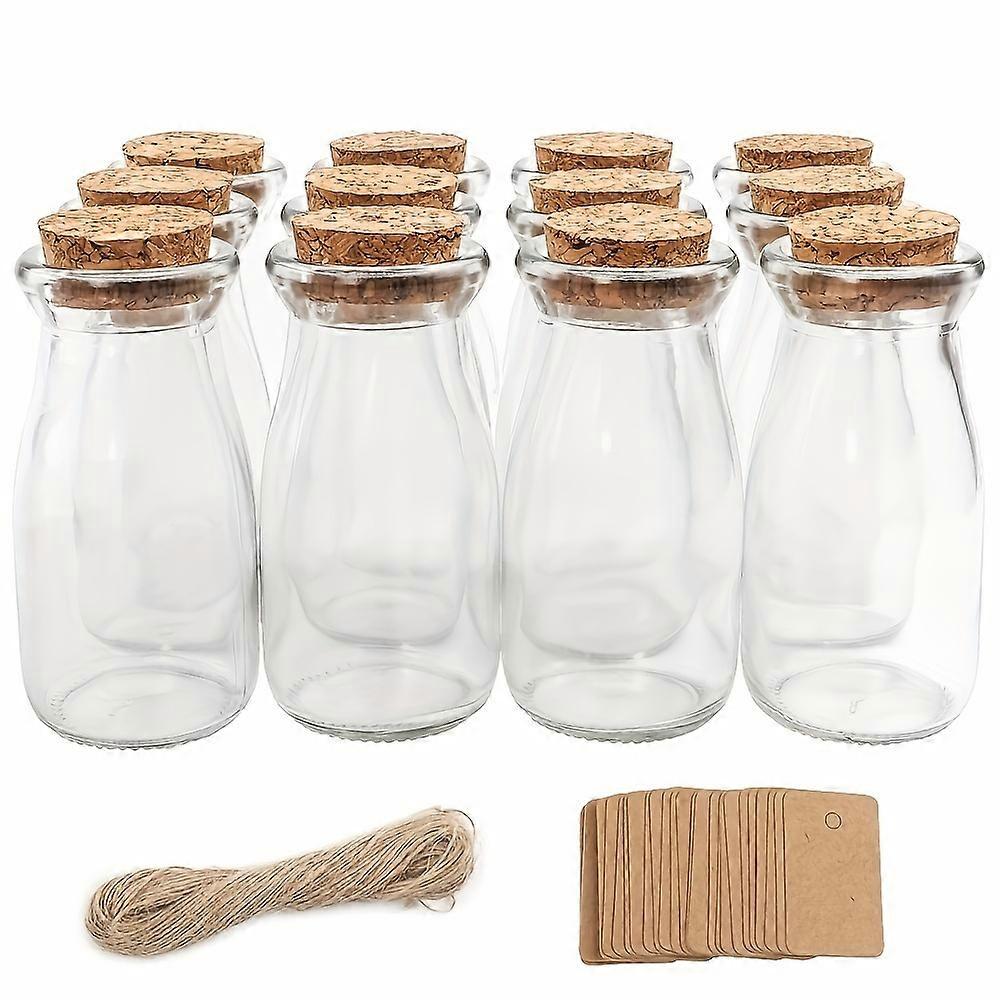 12pcs, Glass Jar, 3.4oz/100ml Candy Glass Jars With Wooden Stoppers, 25 Kraft Paper Labels And 787.4 Inch Hemp String For Decorating, Mini Milk Bottle
