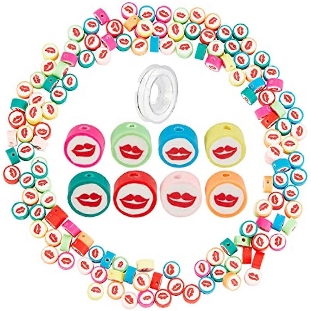 1 Box 150Pcs Handmade Lip Polymer Clay Beads Loose Polymer Clay Beads with 11 Yards Elastic Thread for DIY Jewelry Crafts Supplies