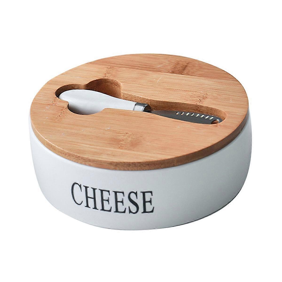 Cheese Sealing Box Ceramic Butter Plate with Lid and Knives Set Cheese Storage Tray Container Box