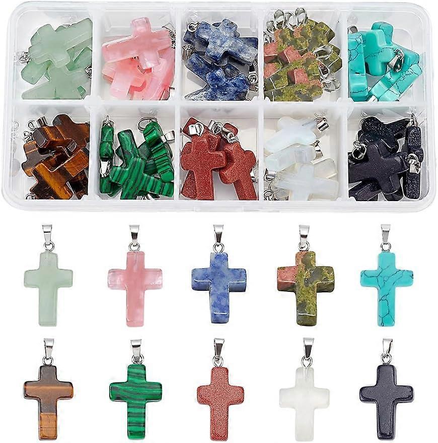50pcs Stone Cross Charms 10 Color Gemstone Pendants Cross Quartz Crystal Chakra Charms