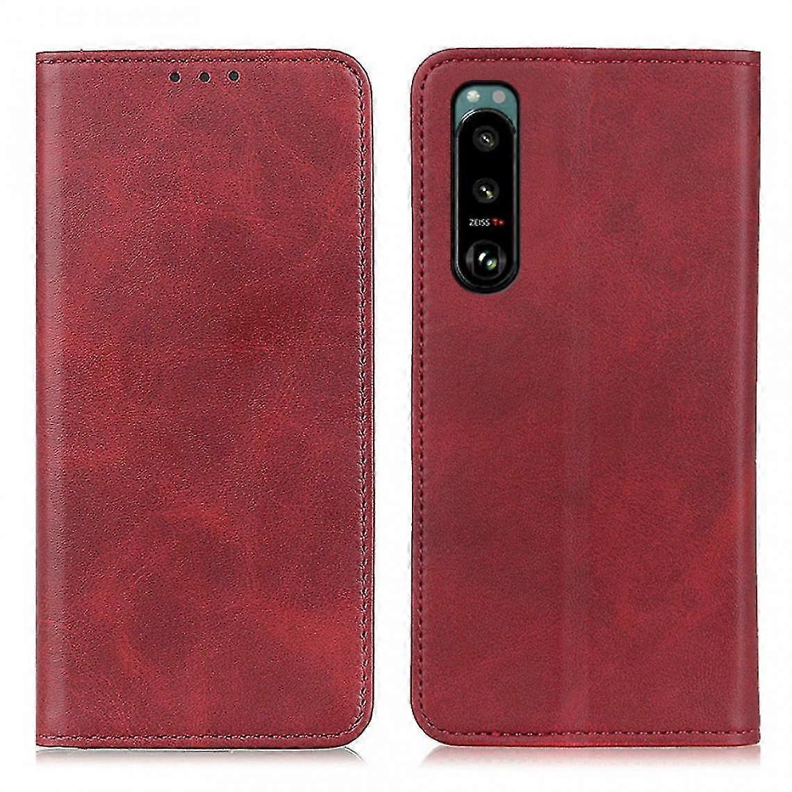 Self-absorbed Split Pu Case With Red Stand For Your Sony Xperia 5 Iii