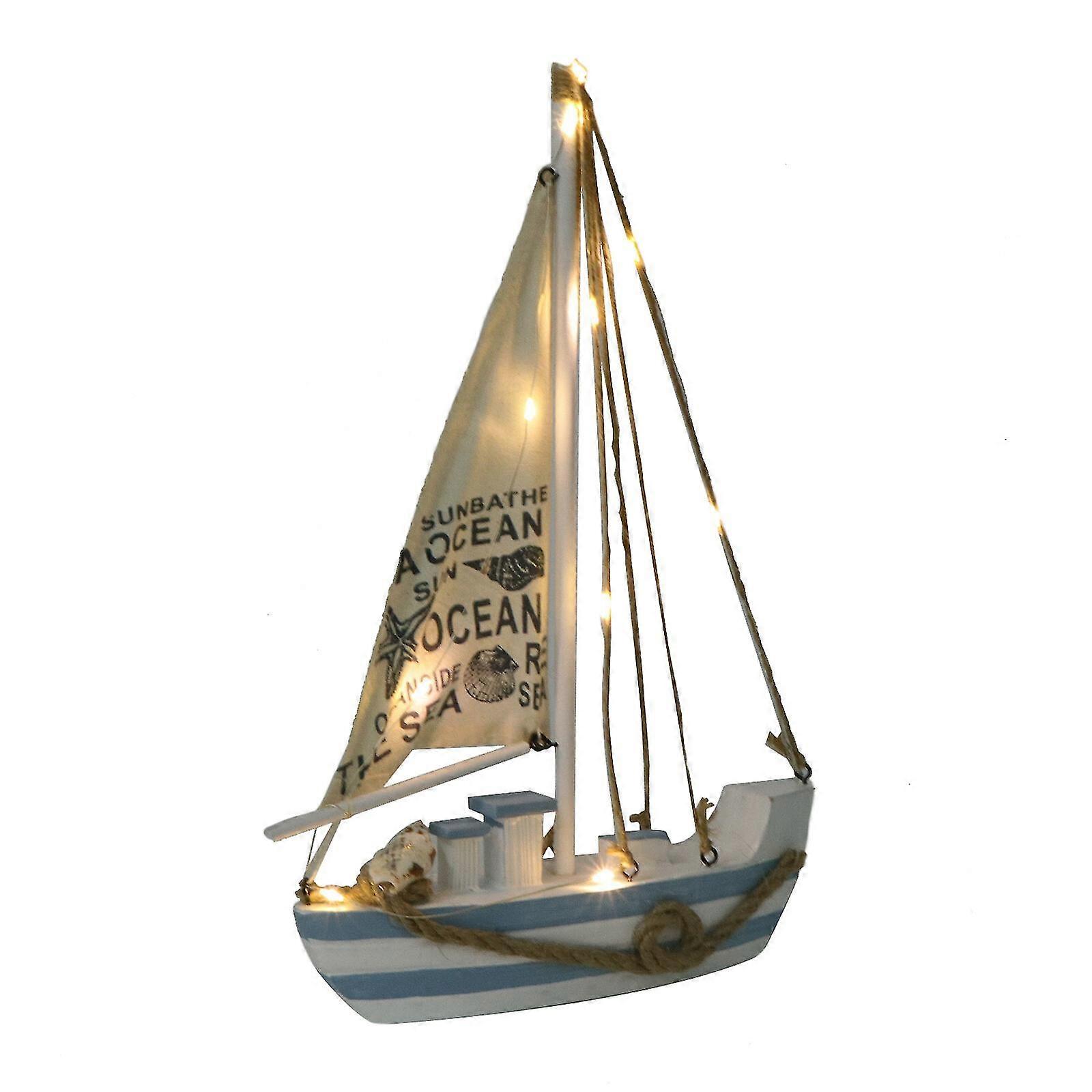 1pc Wooden Sailboat With Led Adornment Mediterranean Style Sailing Boat Model Craft Home Room Decoration (without Battery)