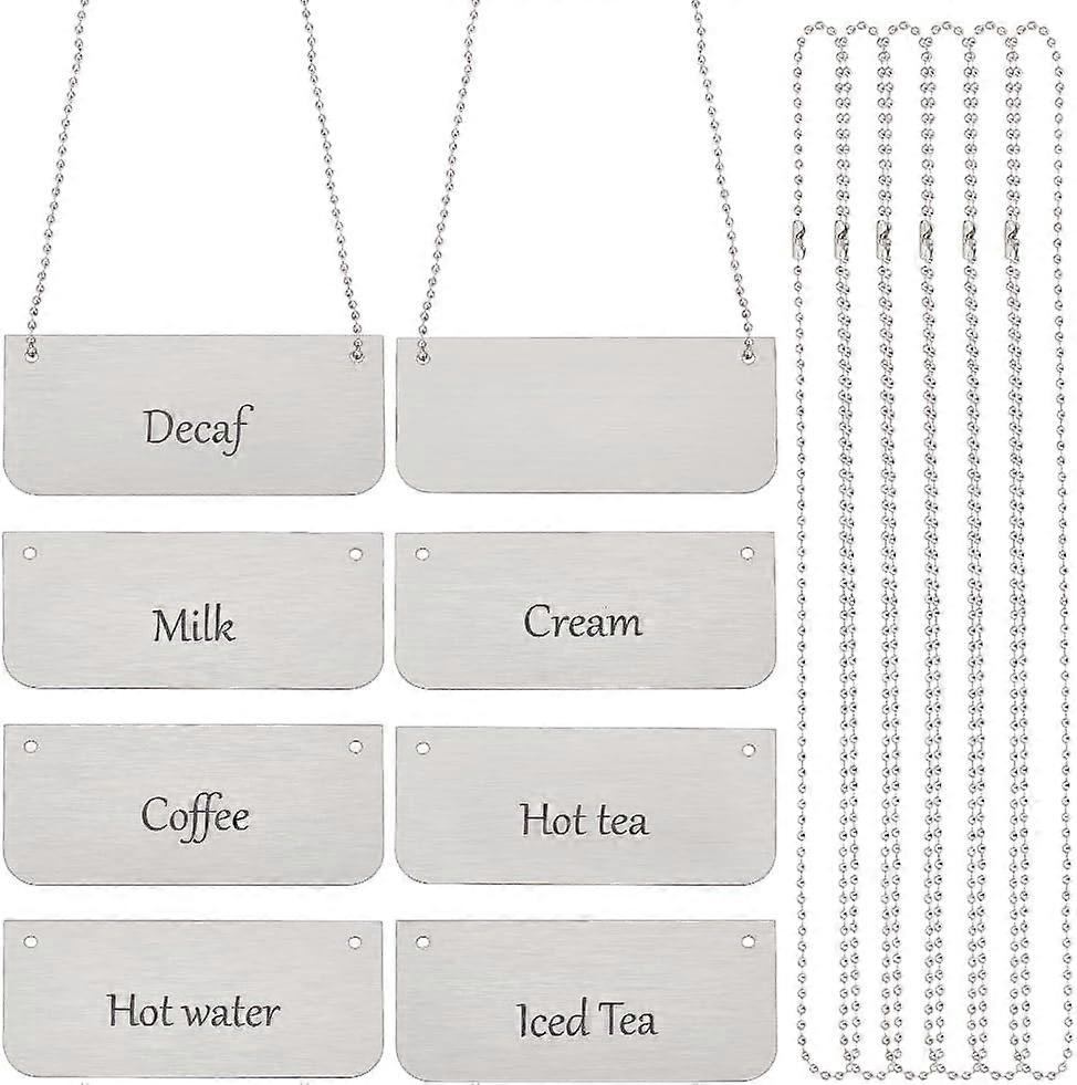 8stk rustfrit stål kædeskilte 37,5x87,5 mm rektangel hængende kædeskilte borddisplayskilte inkluderer koffeinfri mælk fløde varmt vand varm te kaffe ised