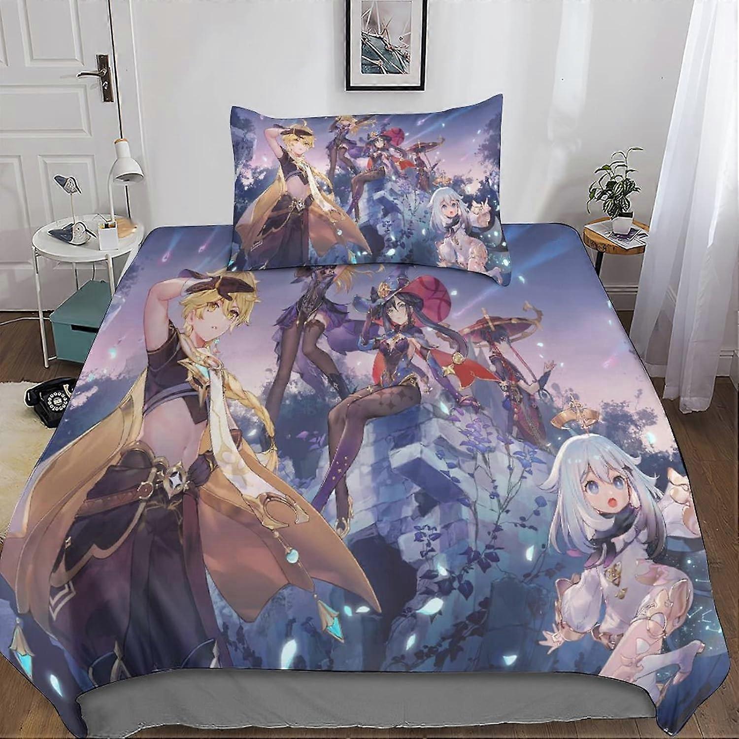 Genshin Impact 3D Duvets and Bedding Sets with Pillowcase, Bedding Duvet Cover, 2 Pieces Microfiber Bedding with Zipper Closure Pillowcases Single