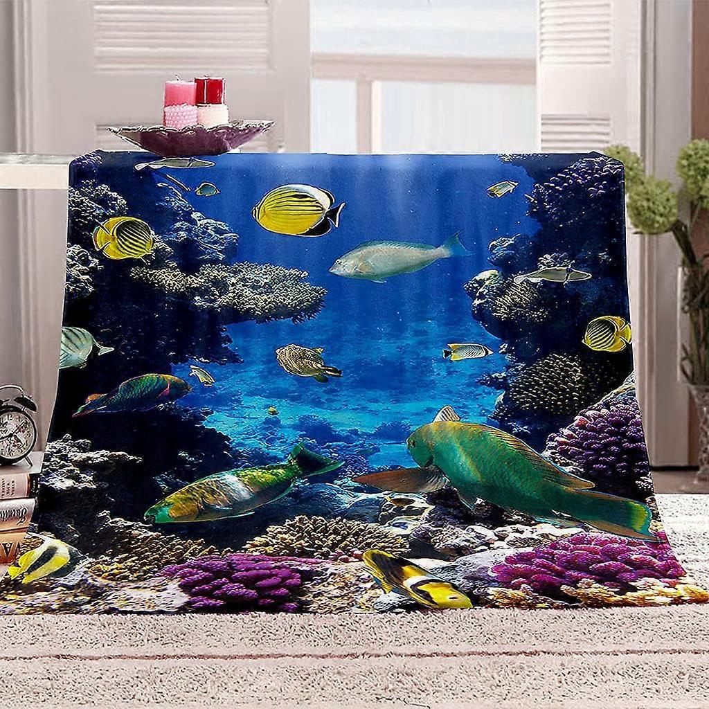 Cobertor Sherpa 3D Peixe Pequeno Sob o Mar Cobertores Azuis e Mantas 130x150Cm Decoração Moda Única Flanela, Cobertor de Pelúcia Estampado Fuzzy Para Sofá-Cama C