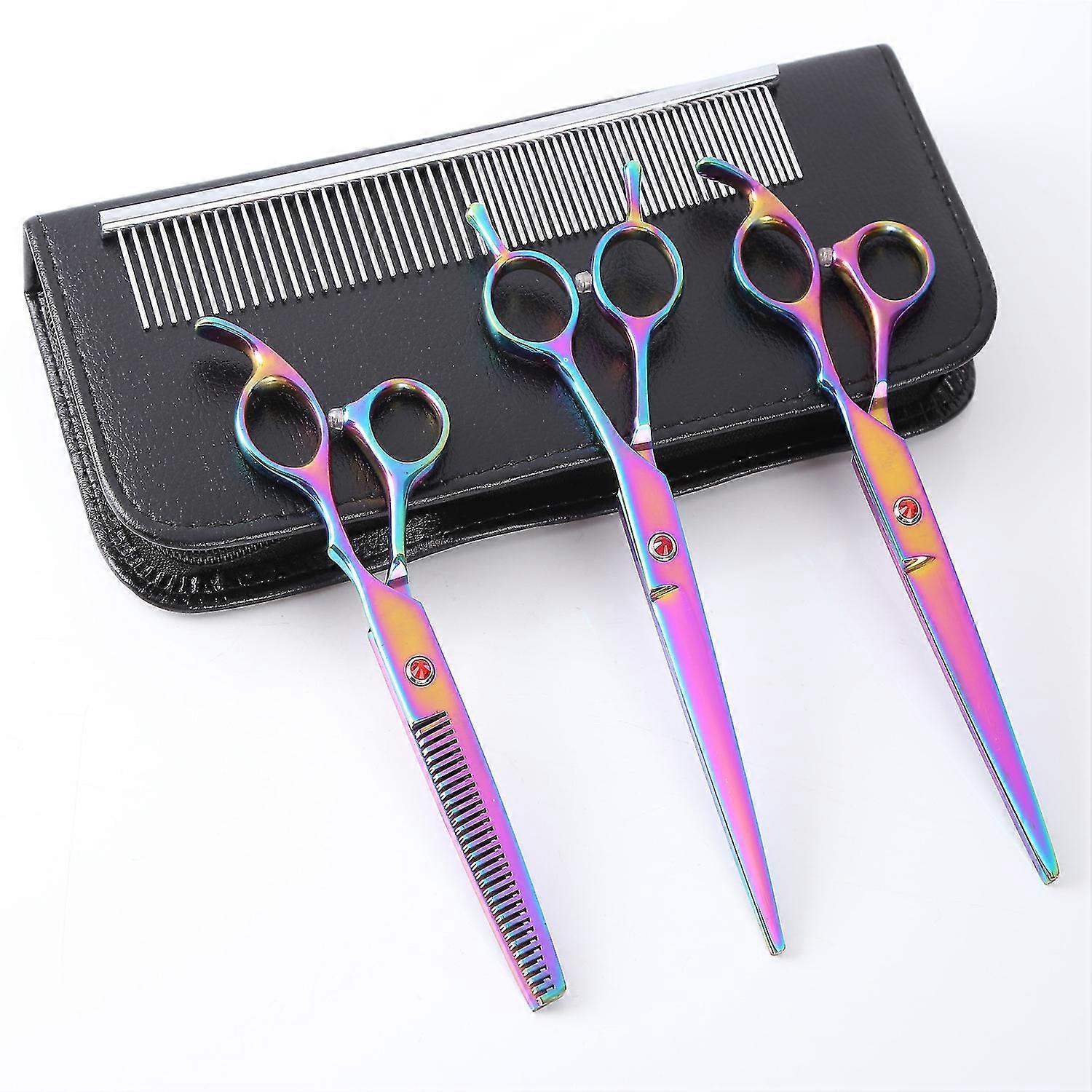 dog grooming set - 3 pairs of 7" scissors: rounding, cutting and thinning - comb - professional