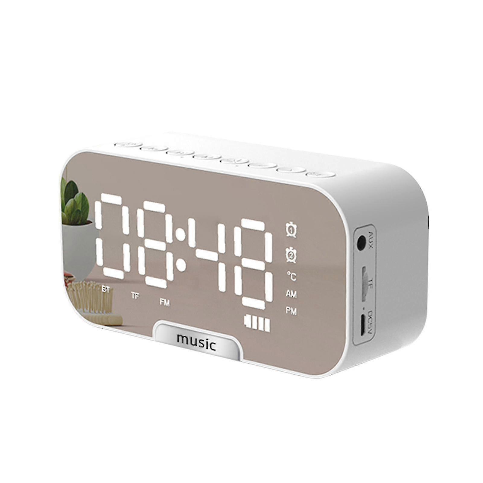 Digital Mirror Surface Alarm Clock With Bt Speaker & Fm Radio & Temperature Display Dual Alarms