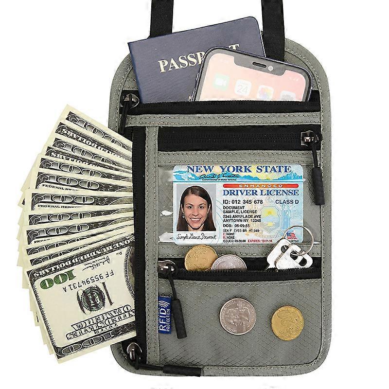 Neck Wallet Lightweight Passport Bag RFID Blocking Waterproof Travel Pouch Zipper and Visual Window Design Dark Grey