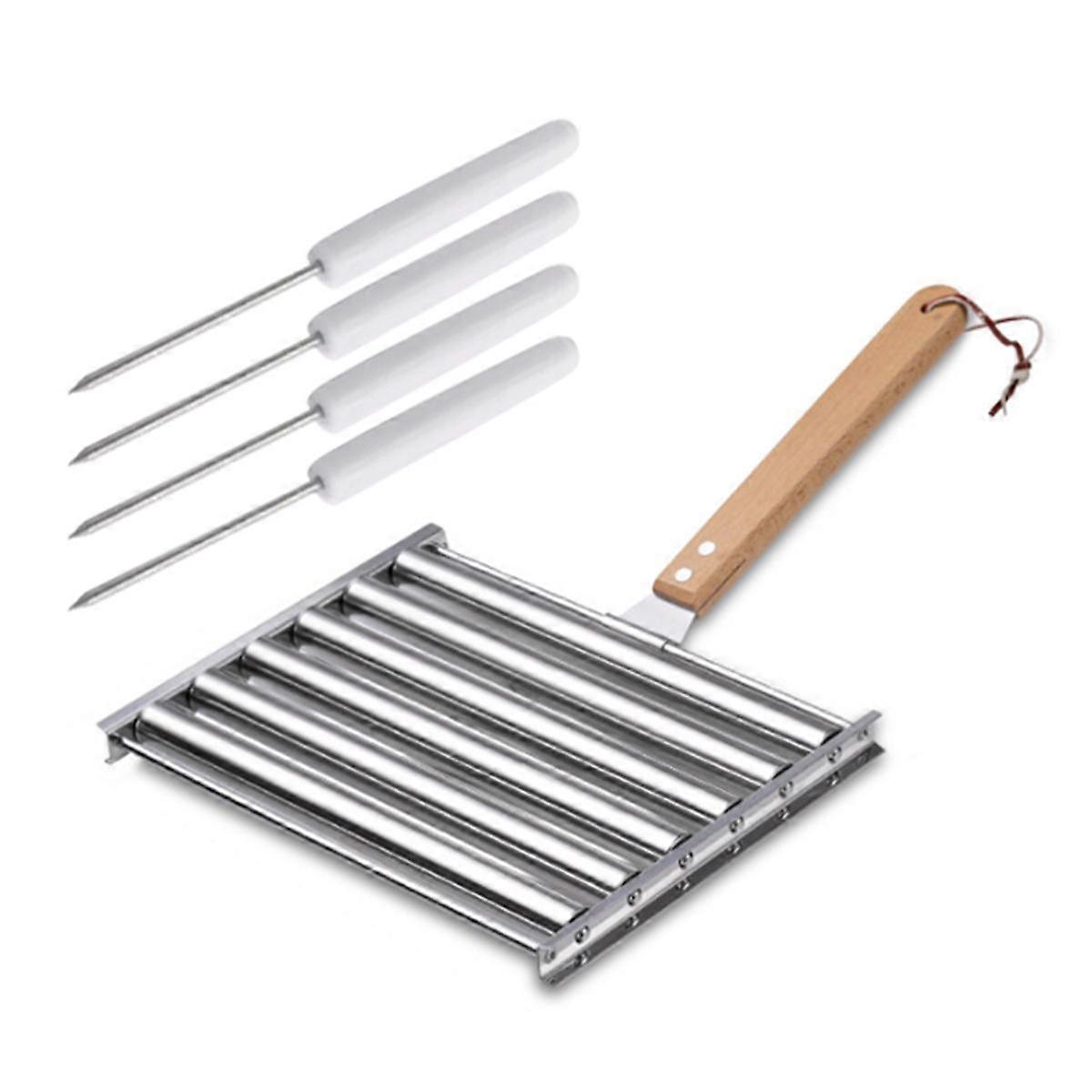 Stainless Steel Hot Dog Roller for Grill, BBQ Sausage Roller Rack with Wood Handle,Portable Barbecu