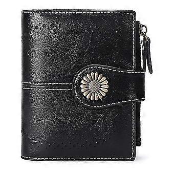 women's wallet leather tri-fold wallet, oil wax leather coin purse