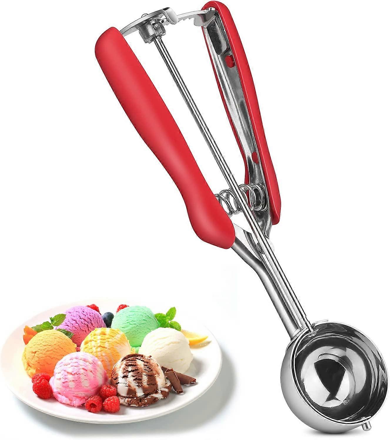 Ice Cream Scoop, Stainless Steel Ice Cream Scoop with Trigger for Ice Cream, Fruit, Mashed Food, 22.5cmRed