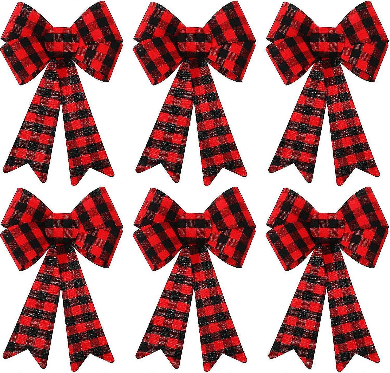 6 Pieces Large Christmas Wreath Bow Buffalo Plaid Christmas Bow Pvc Plastic Xmas Plaid Check Wrapping Bow For Christmas Indoor Outdoor Decorations