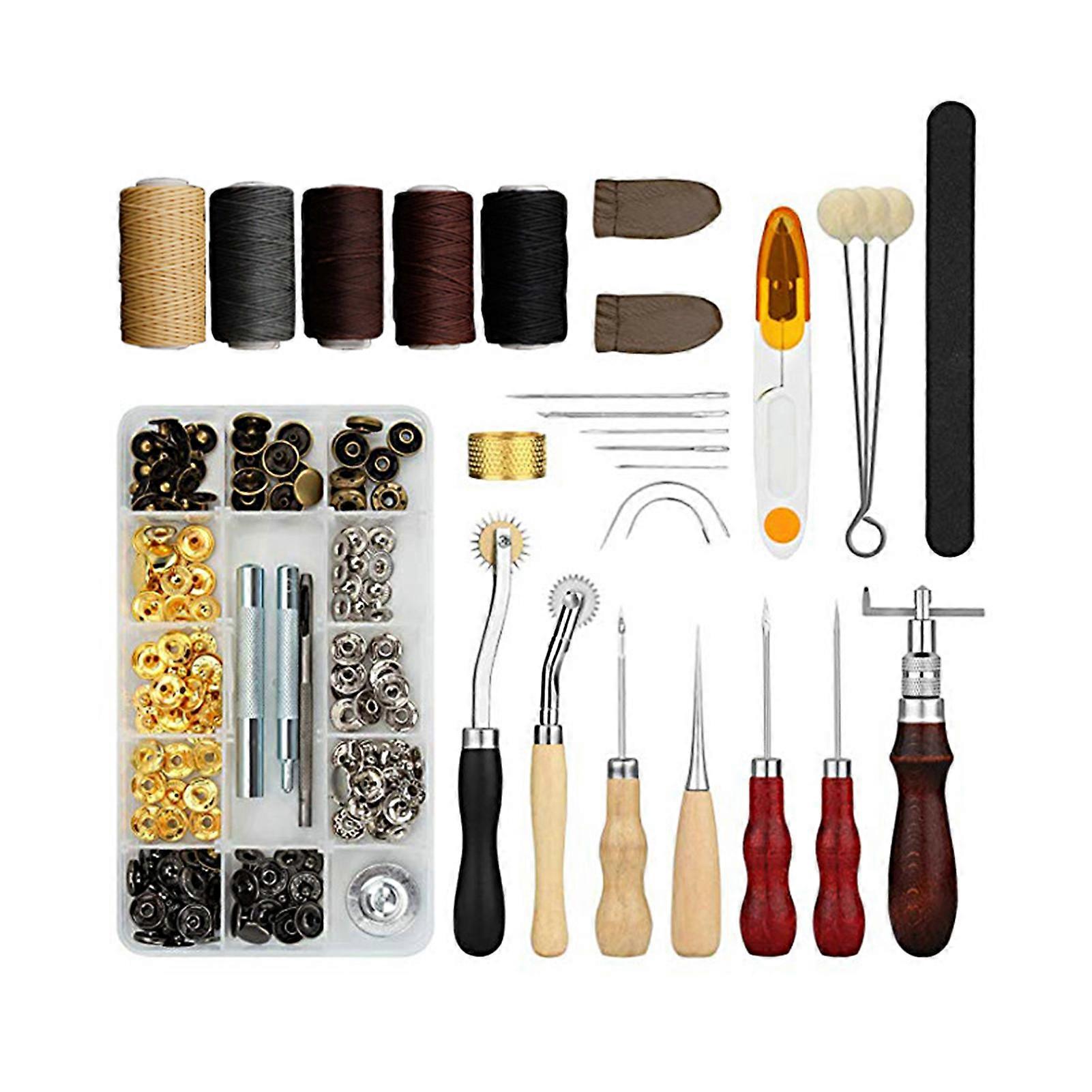 28-Piece Leather Tool Set Sewing Tool Kit Includes Wax Thread Scissors Stitching Wheels Needles Thimble & Other Accessories for Leather Processing DIY