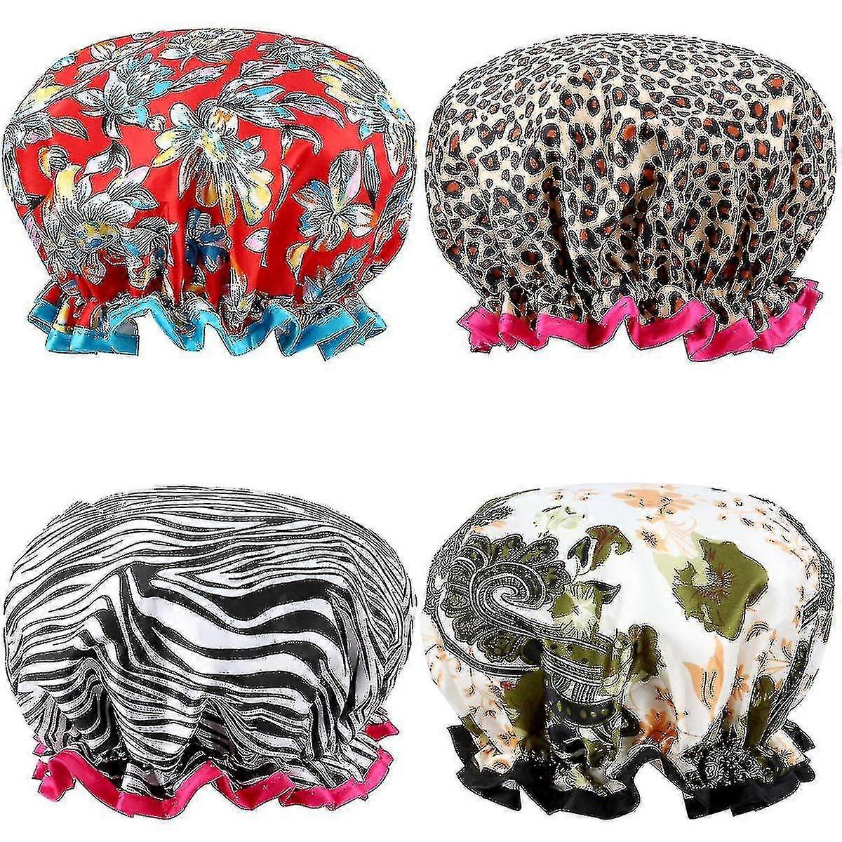 Shower Cap,4 Pack Bath Cap Designed For Women Waterproof Double Layer