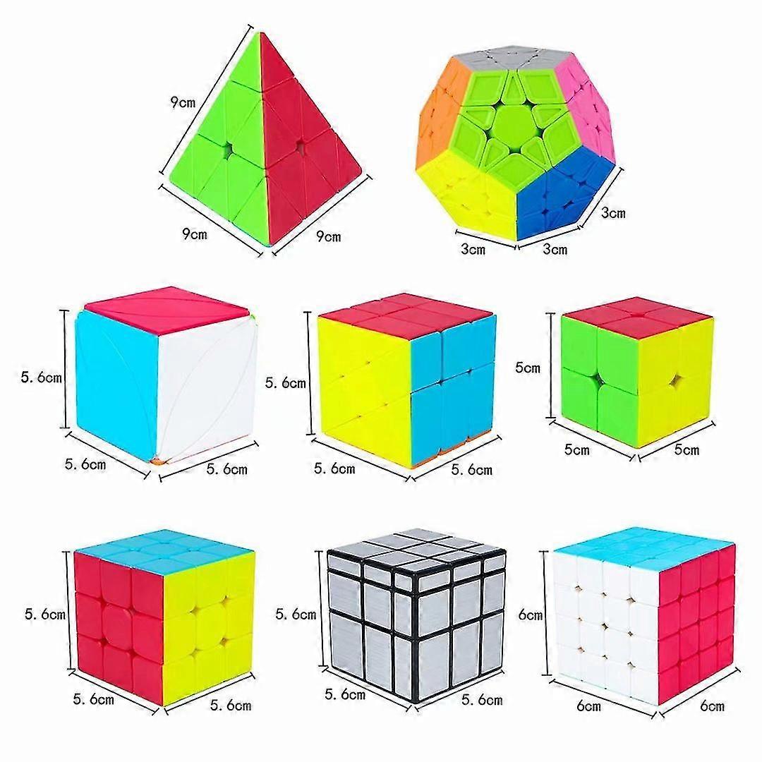 Speed Cube szett, Magic Cube Csomag 2x2 3x3 4x4 Piramis Megaminx Borostyán tükör Szélmalom matrica nélküli kocka puzzle játékok (8 csomag)