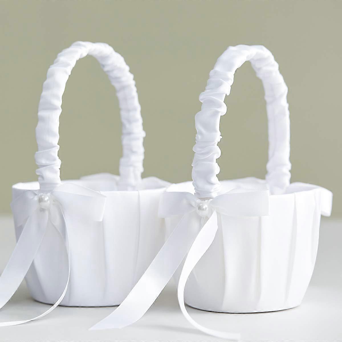 2PCS Wedding Flower Girl Baskets, Satin Bowknot Flower Baskets Pearl Collection - White