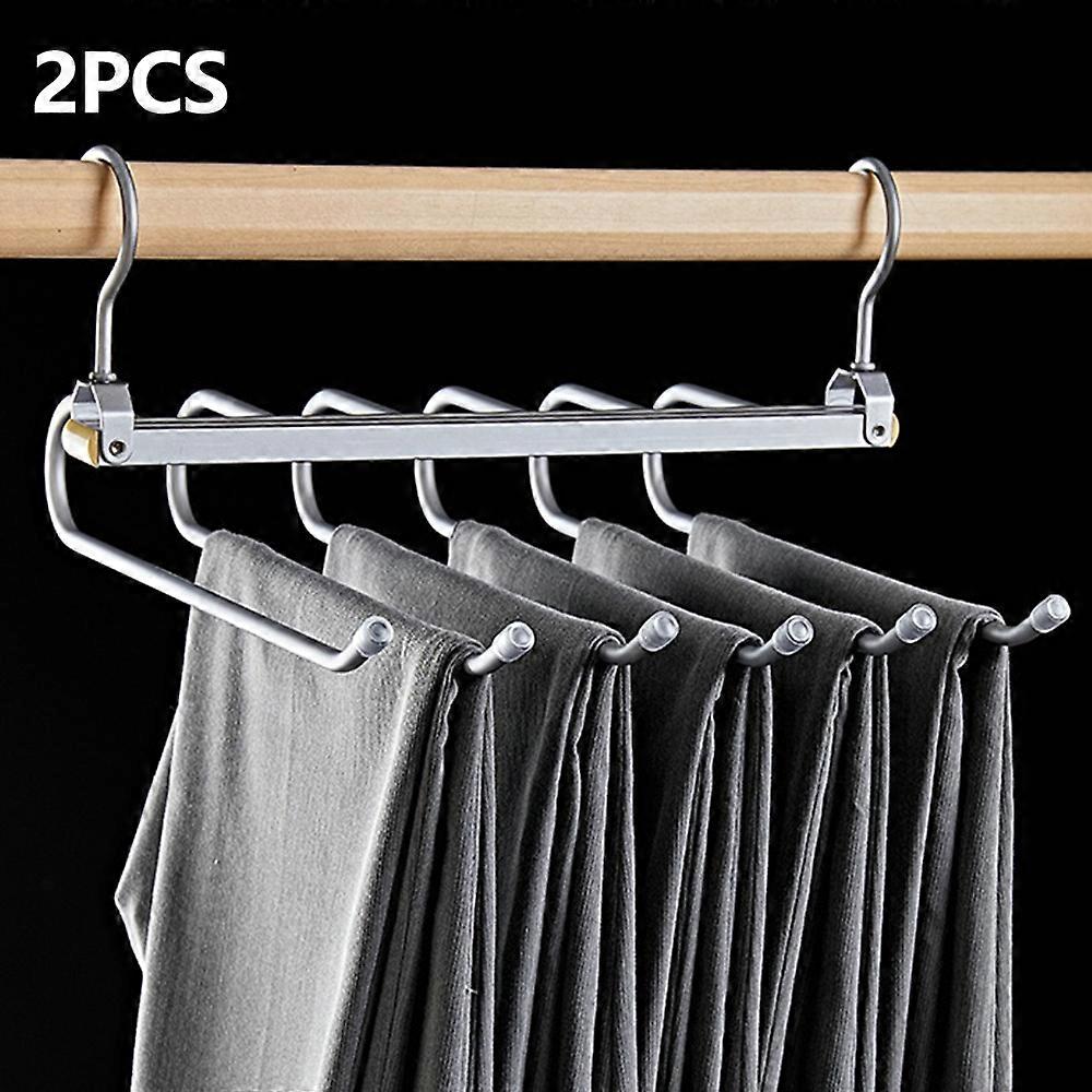 2Pcs Foldable Aluminum Alloy Pants Hanger 6 Layer Space Saving Wardrobe Trouser Organizer-Grey