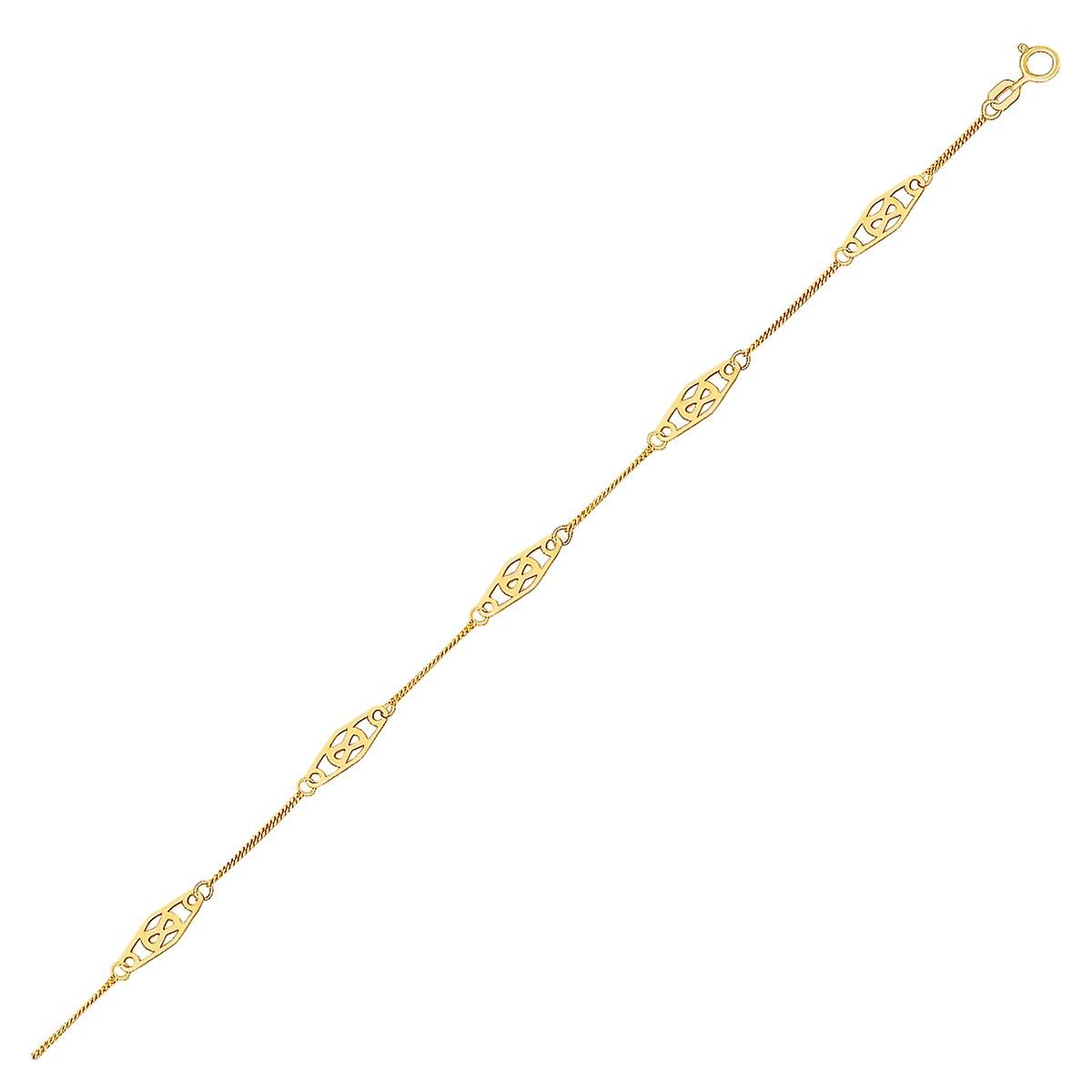 14k Yellow Gold Anklet with Fancy Diamond Shape Filigree Stations