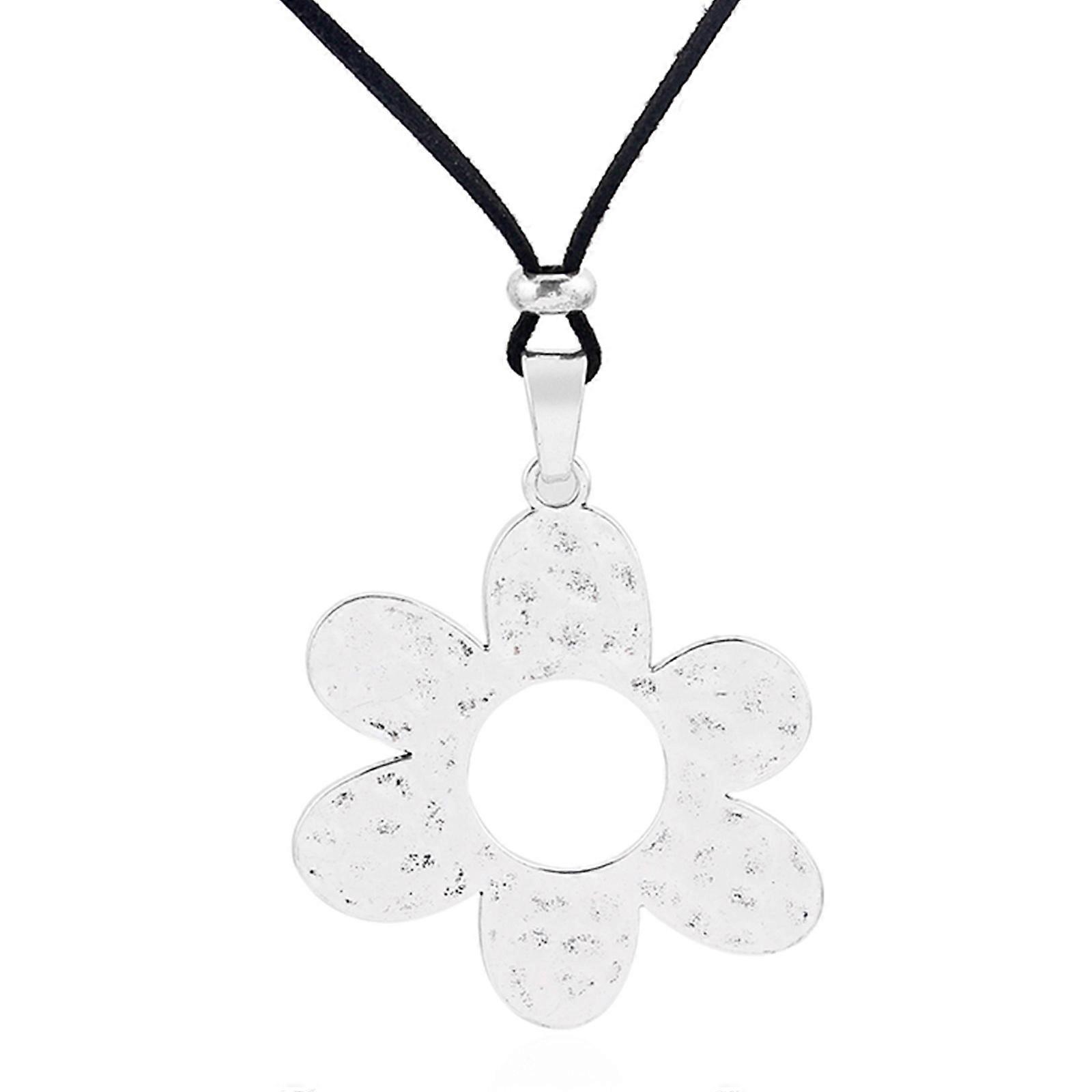 Collana con ciondolo a forma di fiore color argento, lunga e con corda, gioiello etnico da donna, collana con laccio.