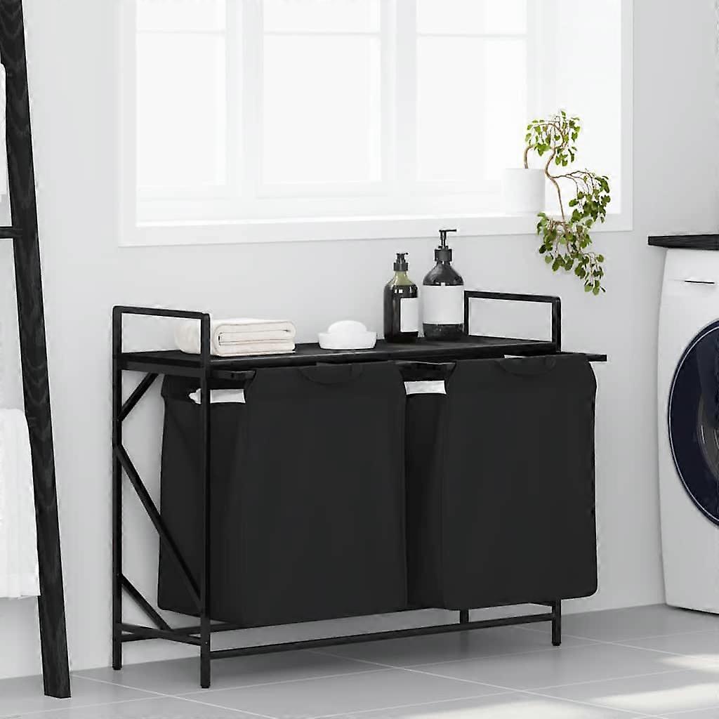 Wäschekorb 2 Fächer mit Ablage Schwarz Eichen-Optik