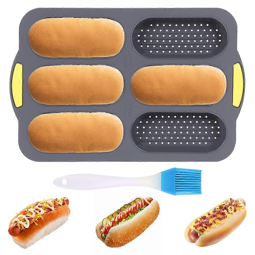 Poêle en silicone, poêle à pain à hot-dog avec brosse à huile, moule à pain français antiadhésif à 6 gouttières, pain français