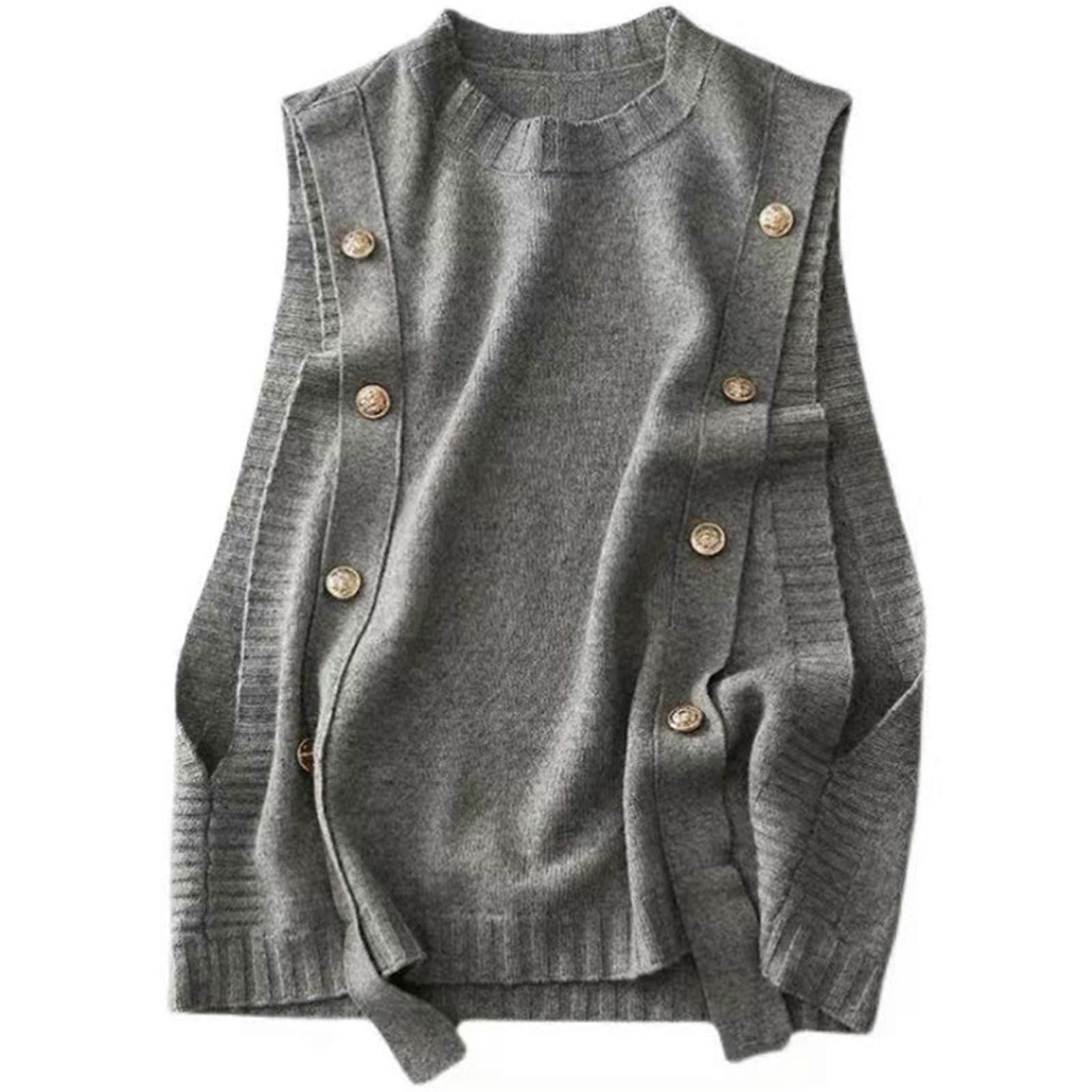 Women's Knitted Vest Fashion Sleeveless Sweater Autumn and Winter Round Neck Sweater Vest All-matching Pullover Outwear  Gray