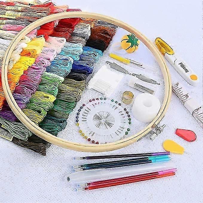 Embroidery Kit, Cross Stitch Kit with Instructions, 5 Bamboo Embroidery Hoops, 100 Colored Threads