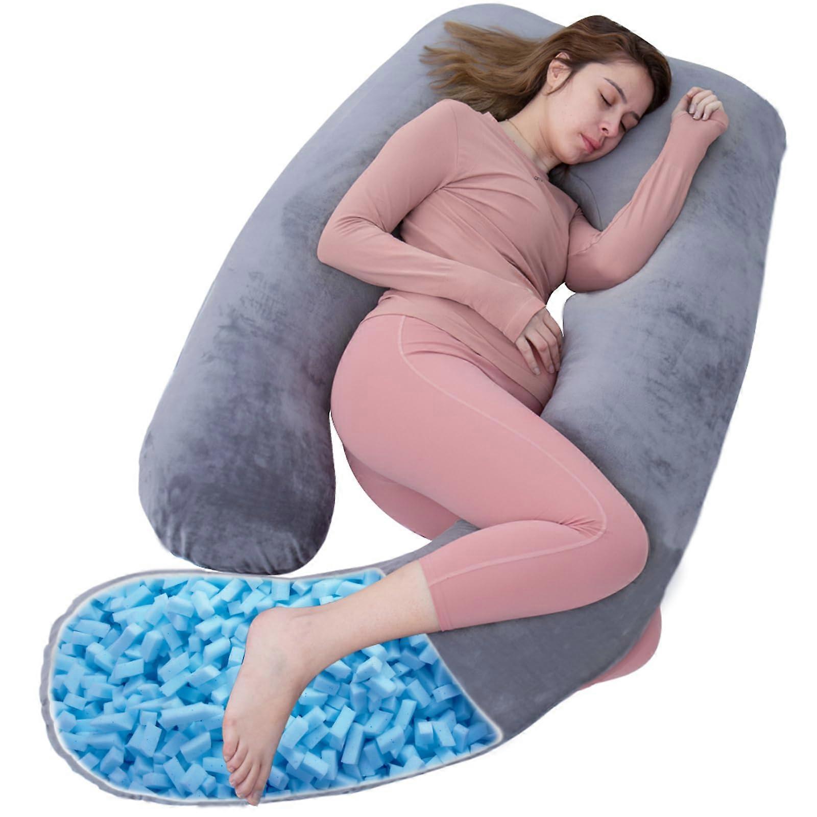 Shredded Memory Foam Body Pillow for Pregnancy, U Shaped Maternity Pillow with Velvet Cover, 60 Inch Gray
