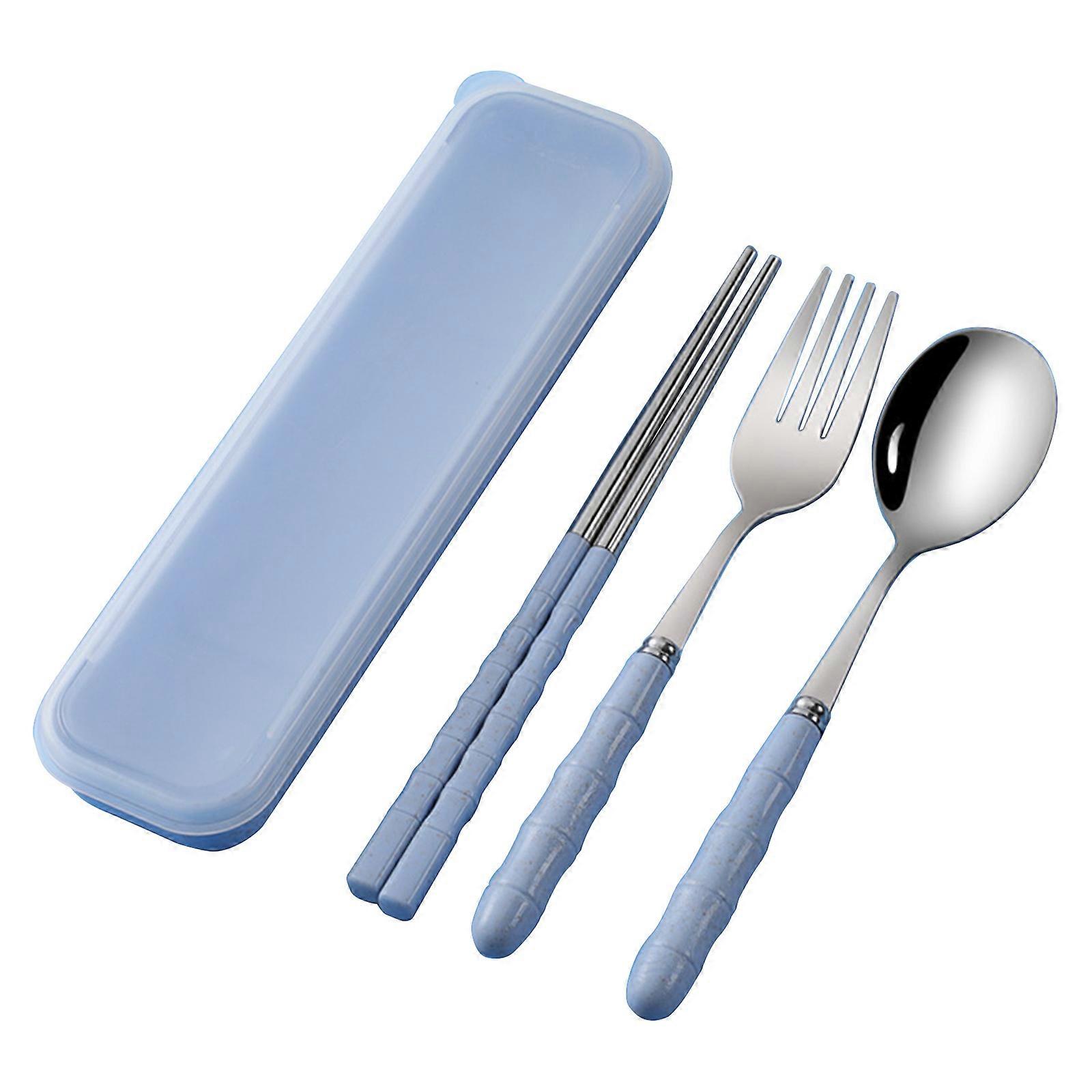 Portable Stainless Steel Flatware Set Travel Utensils with for Case School Chopsticks Spoon Fork Tableware Box for Stude Blue
