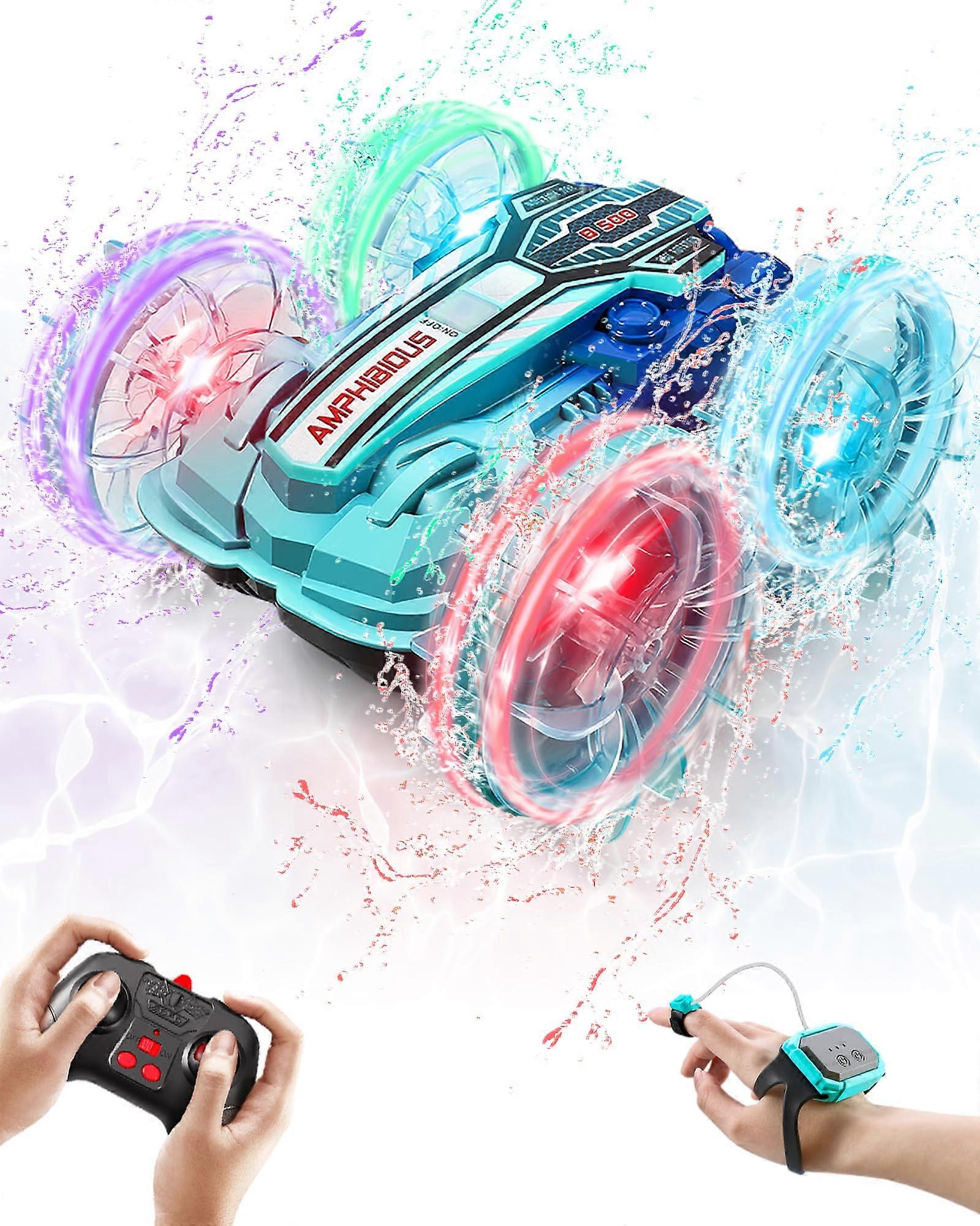 Amphibious RC Car Boat for Kid, 4WD 2.4Ghz Remote, LED Lights, Ages 813 360° Flips Blue