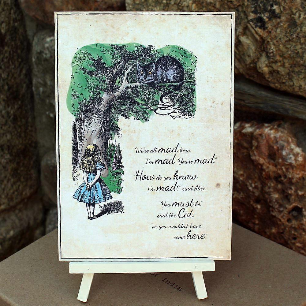 Alice in Wonderland Distressed We are All Mad here card AND Easel