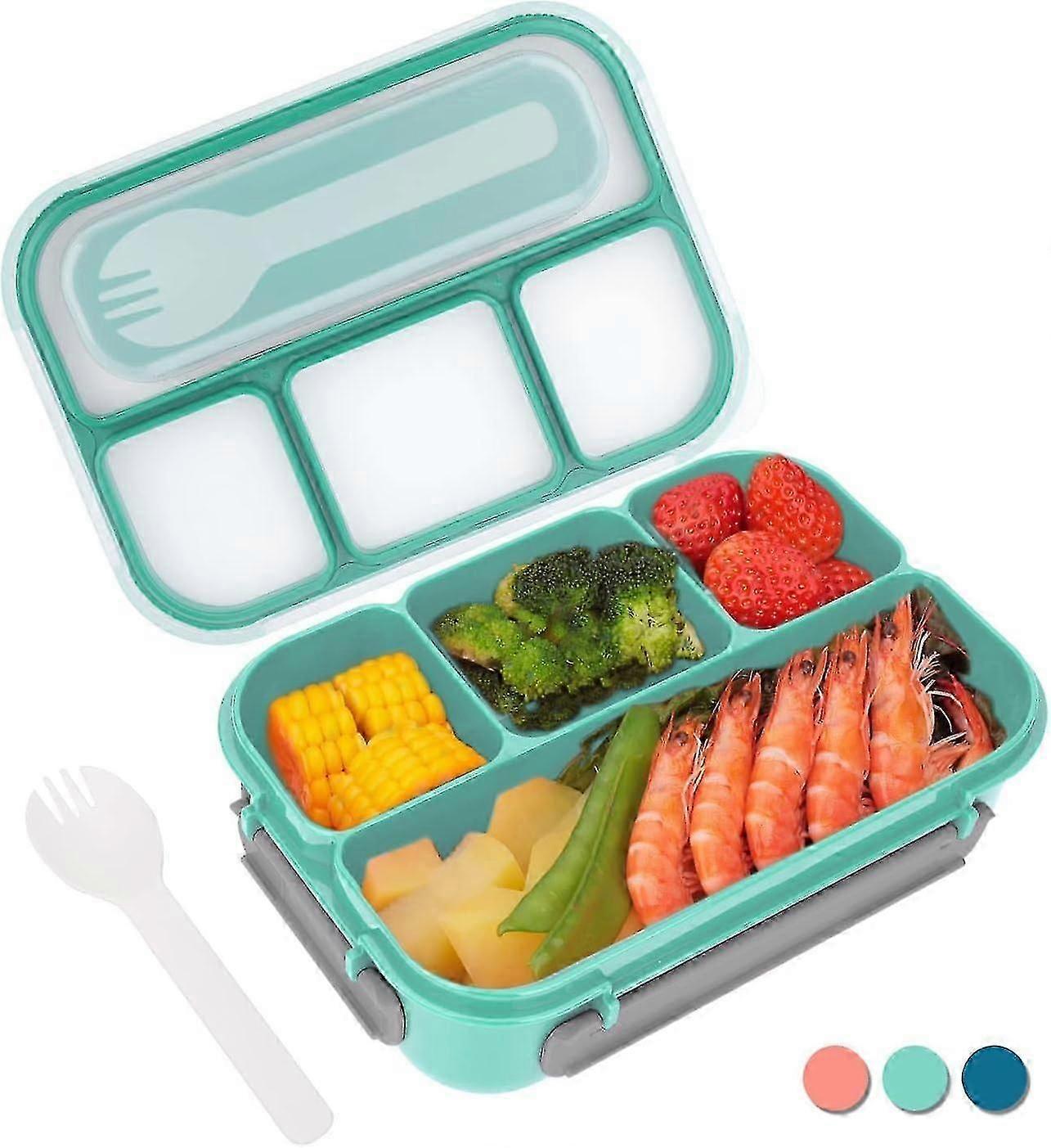 Leak-proof Bento Lunch Box Suitable for Adults and Children, 1300ml with 4 Compartments and Fork, Ideal for On-the-Go Meals (Green)