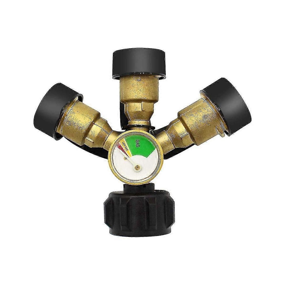 3-Way Propane Splitter with Pressure Gauge & Shut-Off Valve, Gas Distribution Tee for LP/Propane Tanks (3 Outlets)