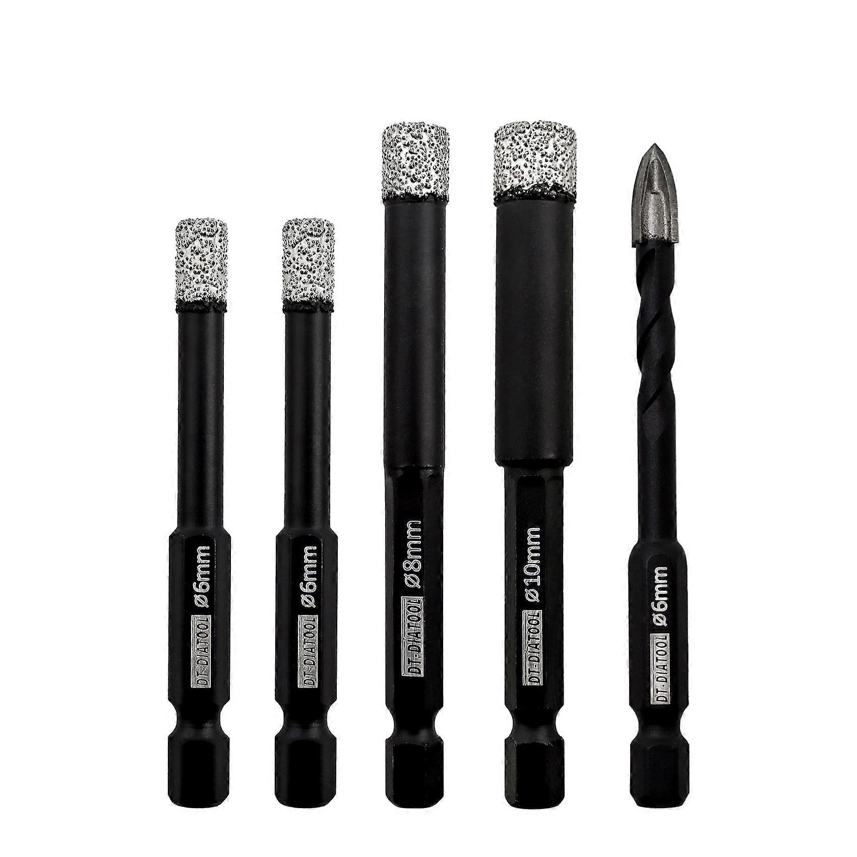 Diamond Drill Bit Set For Tile And Stone, Dry Drilling, 6/6/6/8/10 mm, Tile Hole Saw, Pack Of 5
