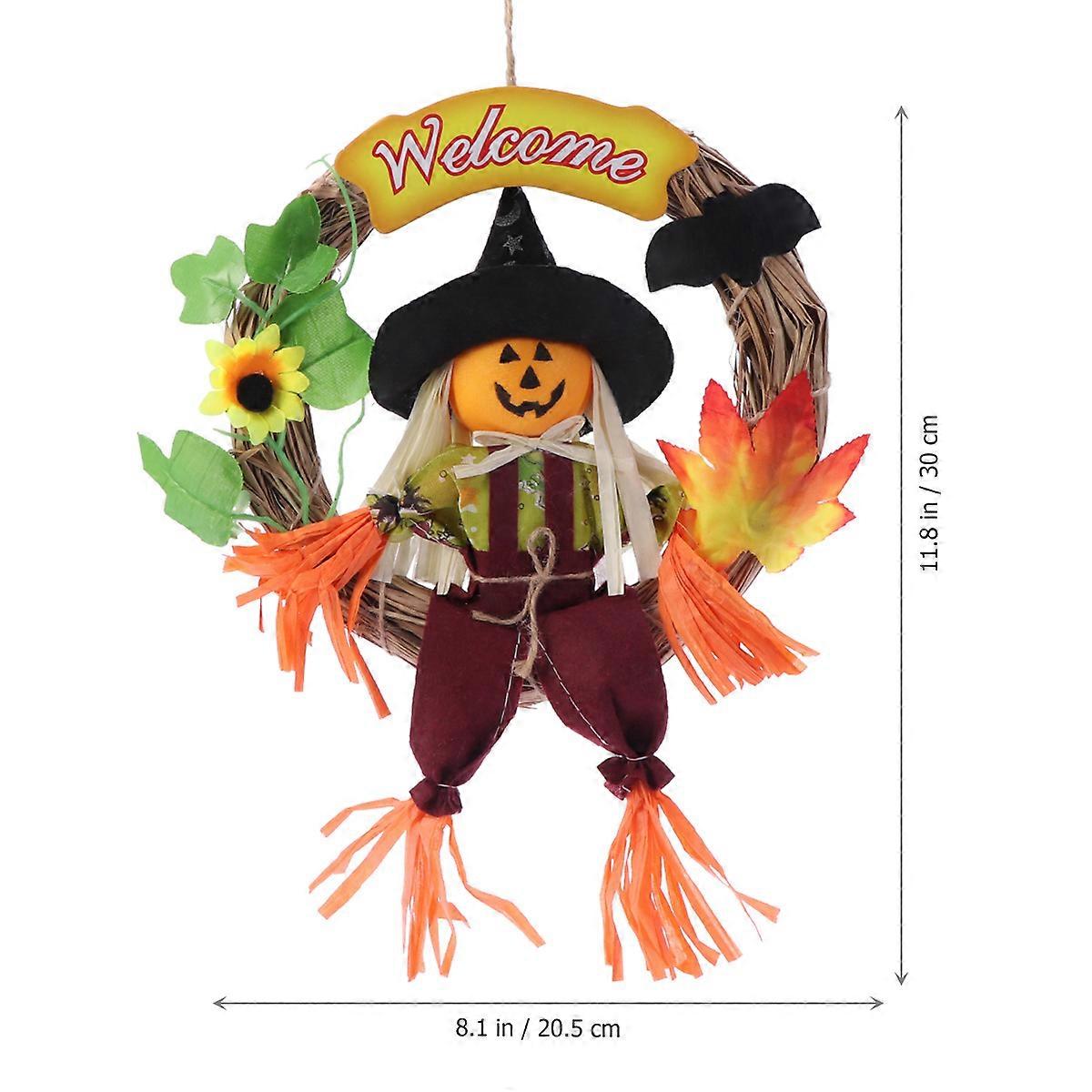 Hanging Halloween Sign Wreath Scarecrow Plaque Store Decoration Round Wreath Straw 1Set