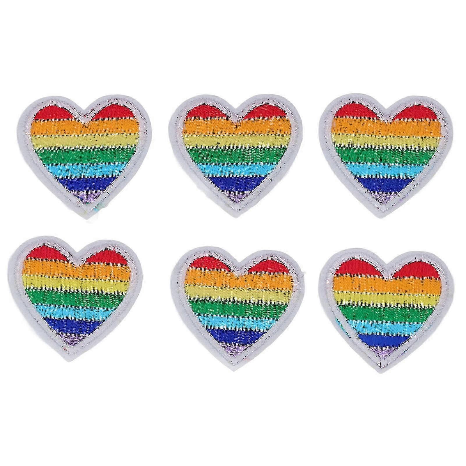 6 Pcs Rainbow Heart Shape Patches for DIY Sewing Embroidery Clothing Decoration with White Border