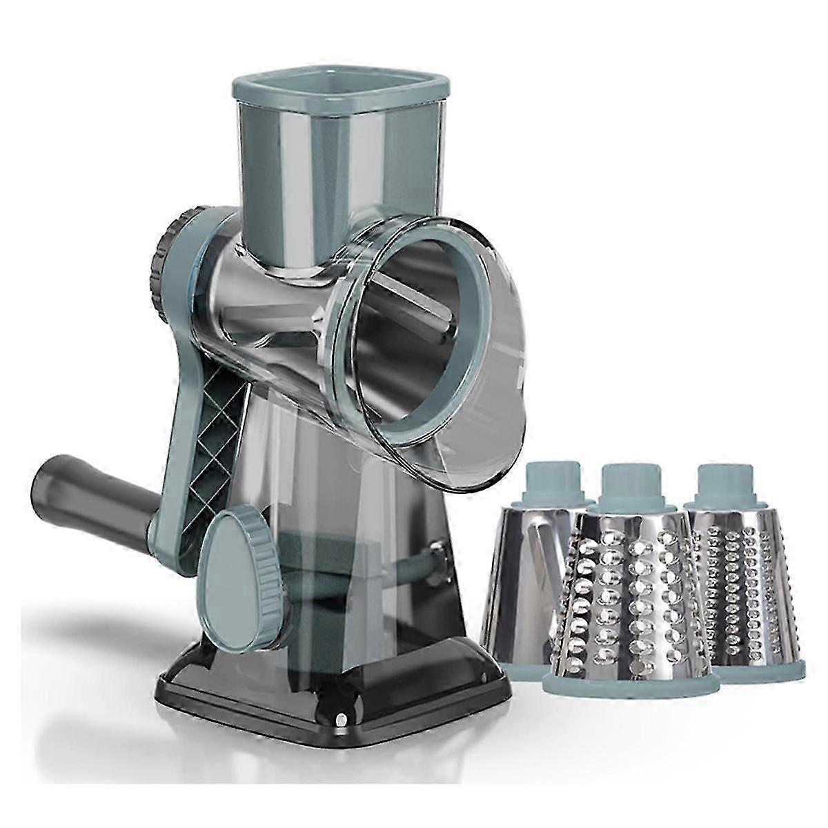 3-in-1 Rotary Cheese Grater, Manual Vegetable Slicer and Nut Grinder, Stainless Steel Kitchen Shredder in Transparent & Blue