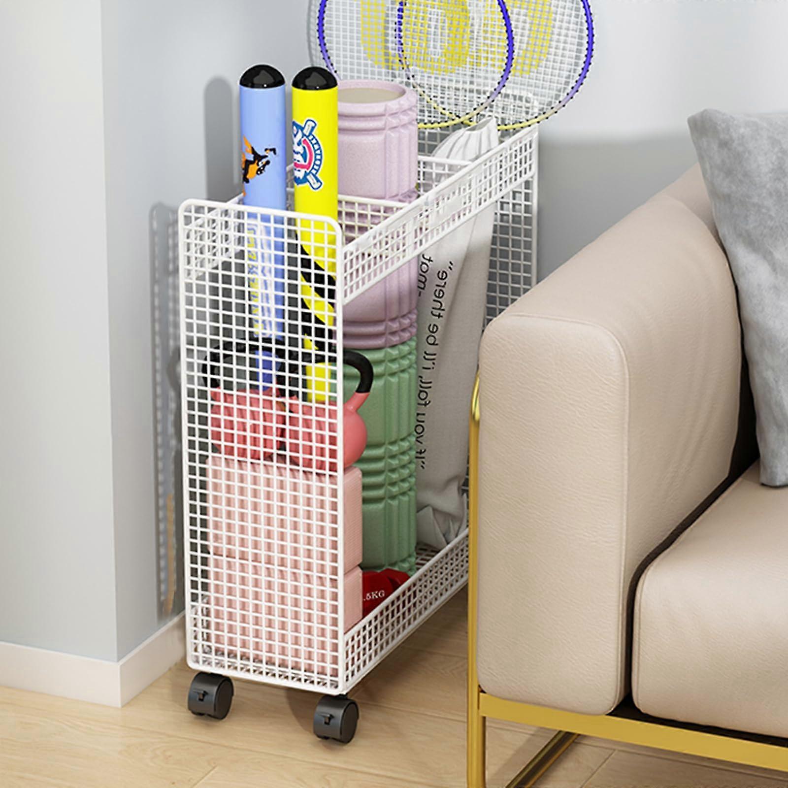 Movable yoga mat, storage cart with wheels, large capacity, organizer for foam rollers and sports equipment, 53X48X16.5cm, white.